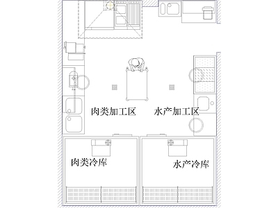 厨房设施 生鲜加工车间平面 肉水产分区加工图 食品冷库平面布局 食材加工区平面图