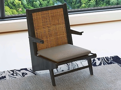 中古风休闲椅 藤编椅子 木框扶手椅 布艺坐垫 窗边座椅 室内家具