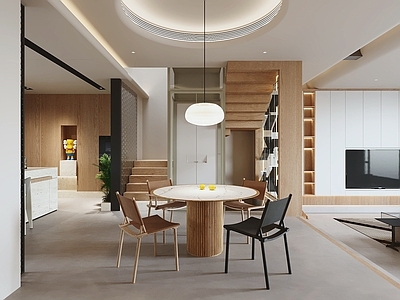 原木风餐桌椅 圆形餐桌 木质桌腿 开放式厨房 客厅餐厅 四把餐椅