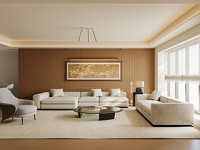 新中式横厅 现代客餐厅 现代沙发组合 现代茶几 装饰画