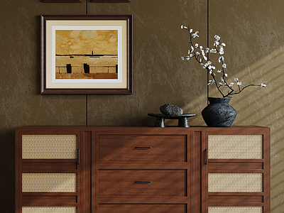 中古风餐边柜 中古风玄关柜 玄关柜 装饰挂画 花瓶花艺摆件