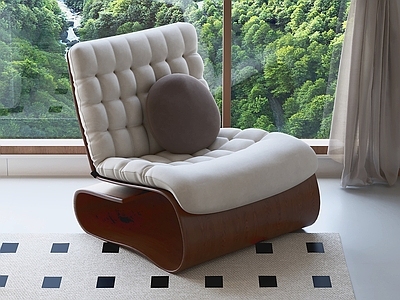 中古风休闲椅 白色扶手椅 布艺坐具 木质框架 窗边家具 圆形靠垫