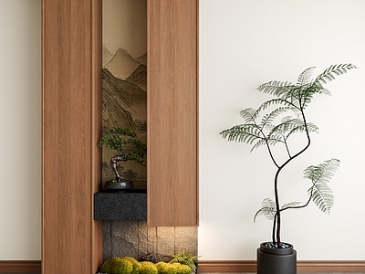 新中式玄关 中古玄关 玄关柜 盆栽绿植 苔藓 壁画