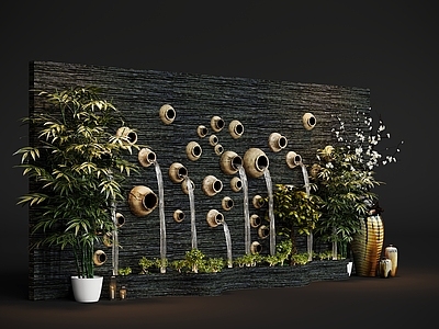 新中式景观床头背景墙 水景观植物造型墙