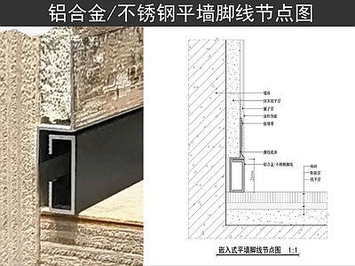踢脚节点 平墙铝合金脚线 平墙不锈钢脚线 嵌入式脚线节点