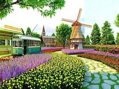 欧式文旅项目景观 现代花海 植物花卉组团 小火车 大风车 植物组合