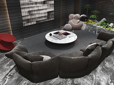 意式极简沙发组合 深灰色沙发 圆形茶几 红色边桌 条纹单人椅 组合家具