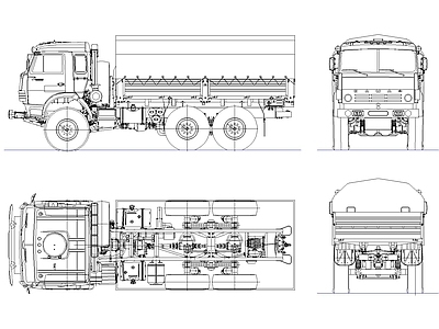 交通工具图库 卡玛兹卡车 军用越野卡车线稿 六驱载货重卡蓝图