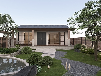 新中式景观庭院 美式住宅庭院 老宅改造 自建房庭院花园 美式自建房建筑 砾石庭院步道