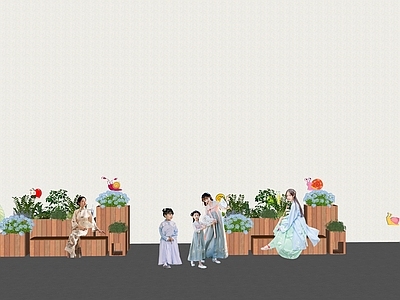 新中式景观公园绿地装置 花箱 古装人物