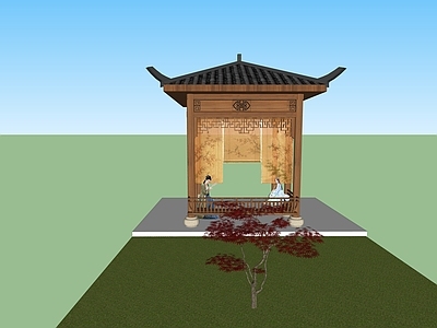 中式古建古建筑 亭子 古装美人 枫树