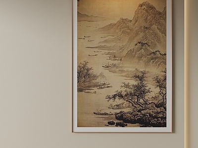 新中式山水画 禅意古山水挂画 水墨江村竖挂画