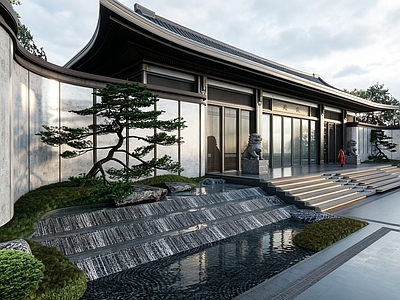 跌水景观 新中式前场跌水 展示区前场水景 中式示范区入口