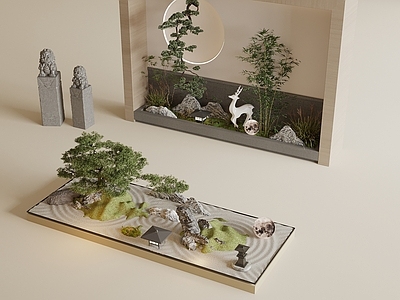 禅意住宅景观 新中式景观造景 景观小品 室内景观 景观树植物堆 橱窗景观