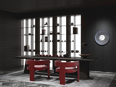 新中式茶室 茶桌椅组合 红色椅子 展示柜 圆形灯具 茶具陈列