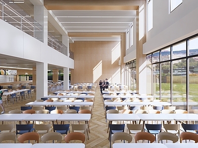 现代简约学生食堂 食堂 餐厅 档口 餐桌椅 中庭