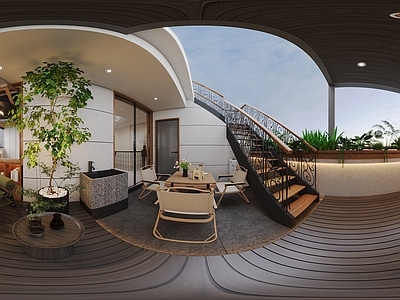 奶油风其他家装 现代屋顶花园 花园露台景观 景观小品植物堆 卡座景观茶几 植物花坛藤椅组合
