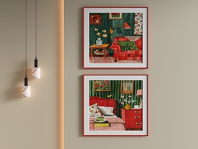 中古风组合画 美式复古手绘油画 方形双联挂画