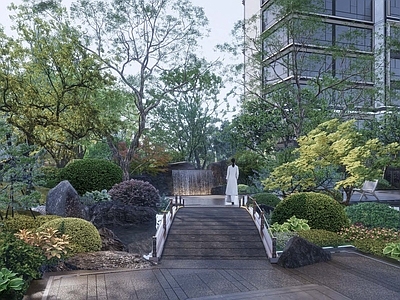 跌水景观 中式跌水镜面水景 中式景观拱桥 中式假山跌水水景