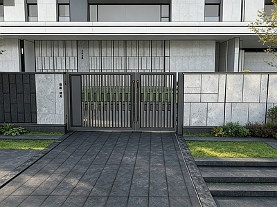 铁艺大门 新中式庭院门景墙 庭院入户门景墙 中式金属格栅门禁