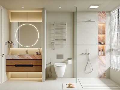 奶油风卫生间 极简 浴室柜 洗手台 马桶花洒 洗浴用品