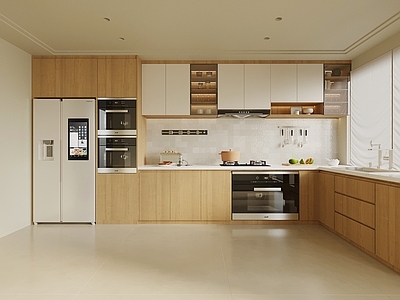 原木风开放式厨房 橱柜