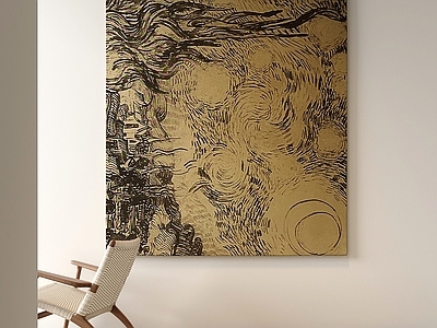 中古风挂画 中古竖版星夜挂画 客厅肌理素描挂画