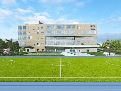 现代主义小学 现代学校教学楼 办公楼学校 学校外观 大树人物桃树 学校操场