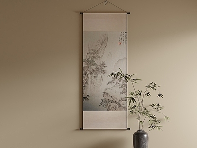 新中式山水画 茶室水墨山水卷轴 竖版水墨山水卷轴