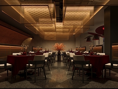 新中式中餐厅 新中式餐厅 金属网吊顶 木格栅隔断 酒店餐饮 氛围灯带