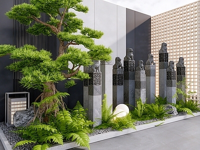 新中式景观室内景观 新中式庭院景观 别墅天井庭院 栓马柱 石柱小品摆件 狮子栓马柱