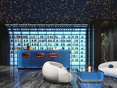 现代吧台 吧台区 酒柜 沙发组合 茶几 星空灯效