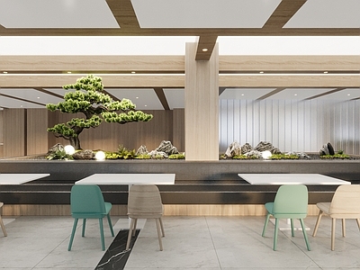 新中式学生食堂 员工食堂 假山松树 禅意造景 餐桌椅 新中式餐厅