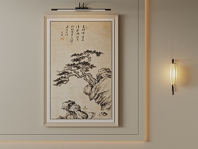 新中式山水画 原木框仿古国画 禅意松石装饰画