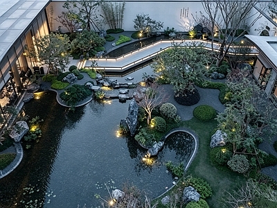 庭院 中式水景庭院栈桥 中式景石跌水水景 中式折桥栈桥 水景给排水系统图