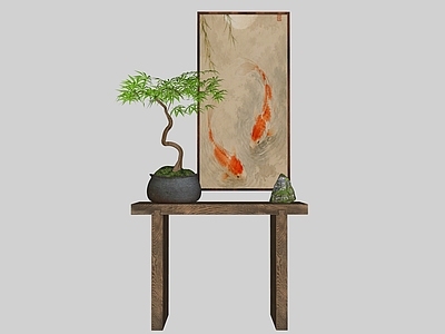 新中式玄关 端景台玄关 条案 盆栽 画 石头