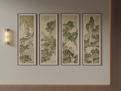 新中式山水画 茶室竖条山水国画 水墨山水四联立轴