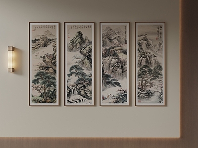 新中式山水画 茶室竖条山水国画 水墨山水四联立轴