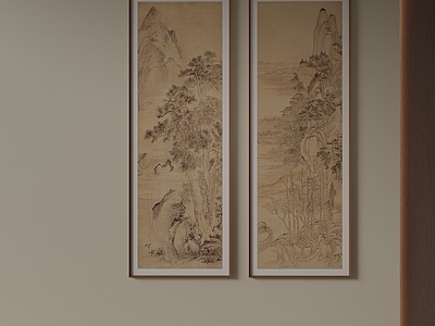 新中式山水画 客厅仿古双联国画 长条山水成对国画