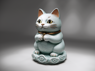 中式雕塑摆件 青瓷 釉色招财猫 陶瓷 招财猫