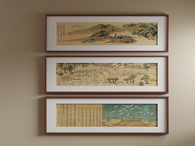 新中式宋式挂画 长条国画组合 书房挂画组合 山水画组合