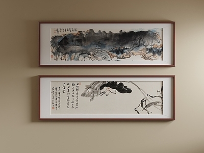 新中式组合画 泼墨山水挂画 水墨荷花横幅 新中式长条挂画 国画组合