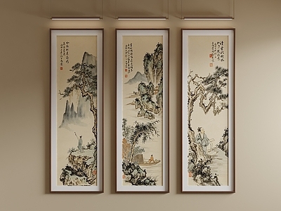新中式山水画 新中式茶室三联画 书房竖条山水画 中式写意高士挂画