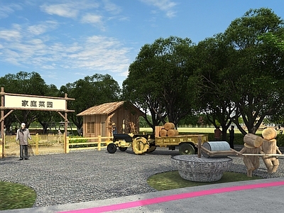原木风农业景观 乡村景观小品 家庭小菜园 乡村木屋 拖拉机木棉树 稻田温室大棚