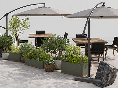 现代户外桌椅 户外遮阳伞 户外植物 景观小品