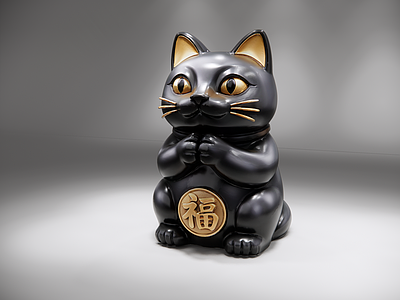 中式雕塑摆件 黑色招财猫 鎏金装饰 福字徽章 陶瓷摆件 招财猫