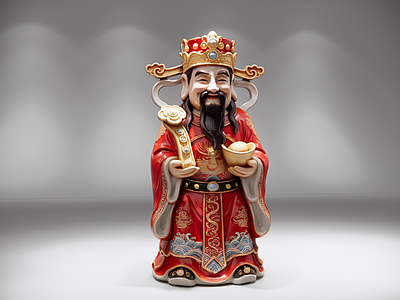 中式雕塑摆件 财神陶瓷塑像 红袍鎏金纹饰 手持如意金元宝 传统神像 财神