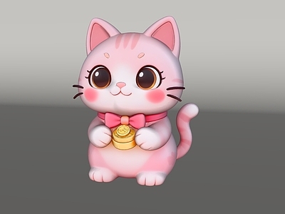 雕塑摆件 粉色招财小猫 Q版卡通 蝴蝶结项圈 招财猫 动物雕塑