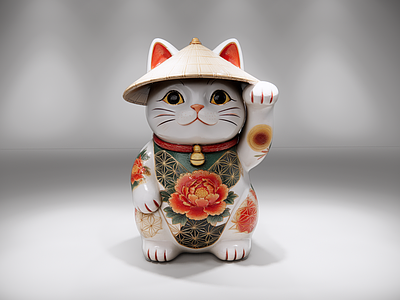 日式雕塑摆件 斗笠招财猫 白瓷釉面 红领金铃铛 牡丹彩绘 陶瓷摆件