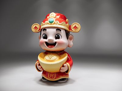 中式雕塑摆件 Q版卡通财神 红袍金冠 手捧大金元宝 喜庆 中式潮玩摆件